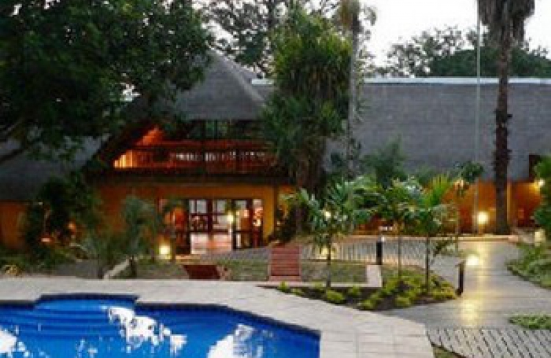 Amazulu Lodge heeft een grote tuin met zwembad en tropische planten